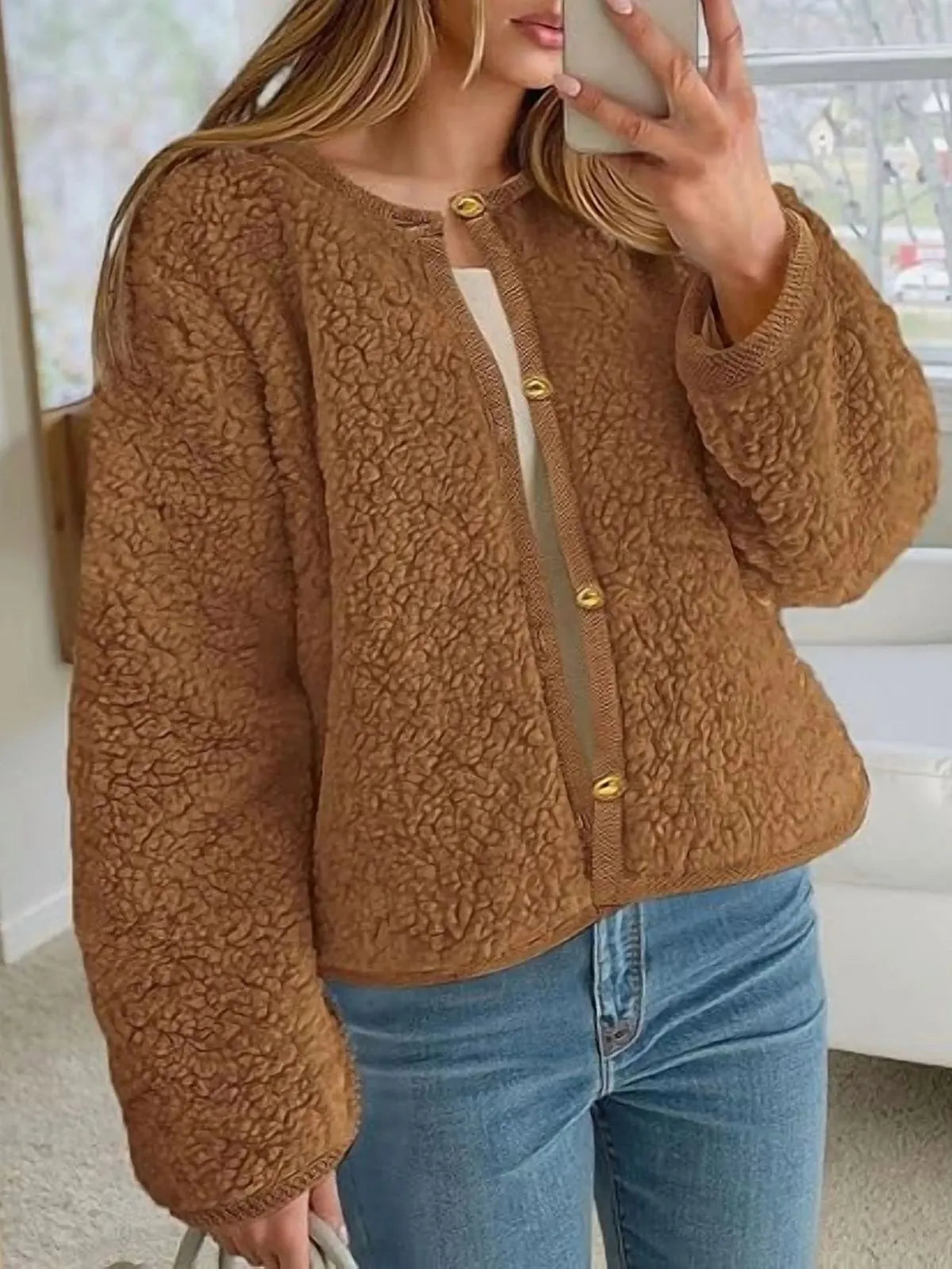 Trendy Cute Solid Button Fuzzy Fleece Teddy Bear Soft Faux Fur Coat