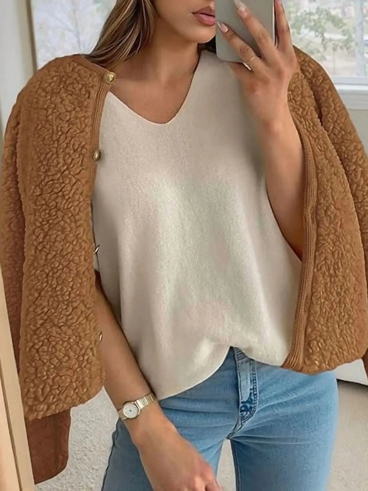 Trendy Cute Solid Button Fuzzy Fleece Teddy Bear Soft Faux Fur Coat