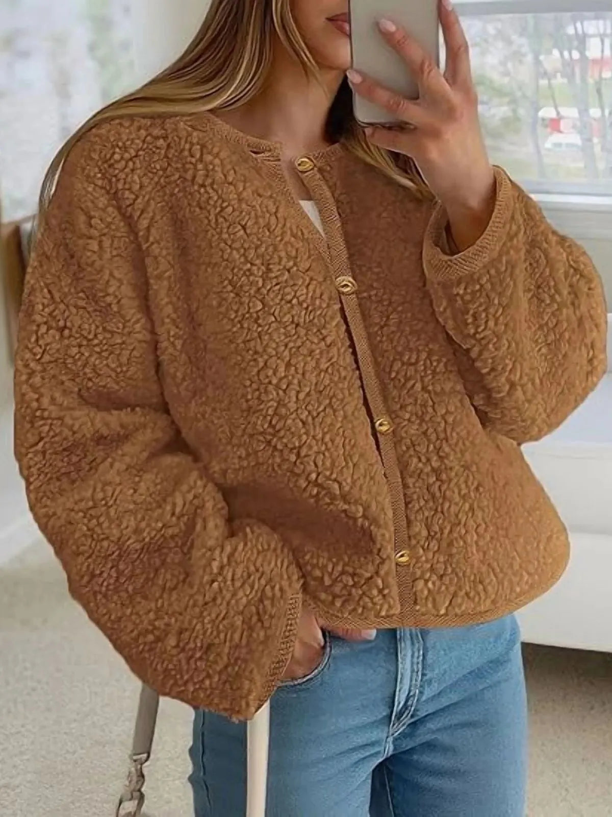 Trendy Cute Solid Button Fuzzy Fleece Teddy Bear Soft Faux Fur Coat