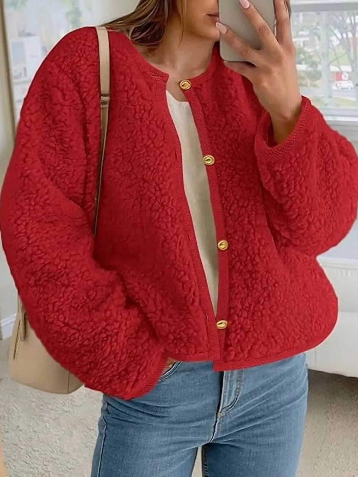 Trendy Cute Solid Button Fuzzy Fleece Teddy Bear Soft Faux Fur Coat