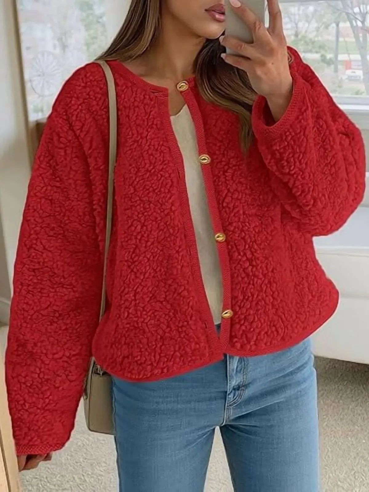 Trendy Cute Solid Button Fuzzy Fleece Teddy Bear Soft Faux Fur Coat