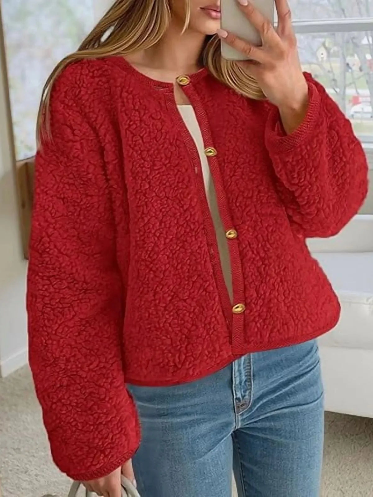 Trendy Cute Solid Button Fuzzy Fleece Teddy Bear Soft Faux Fur Coat