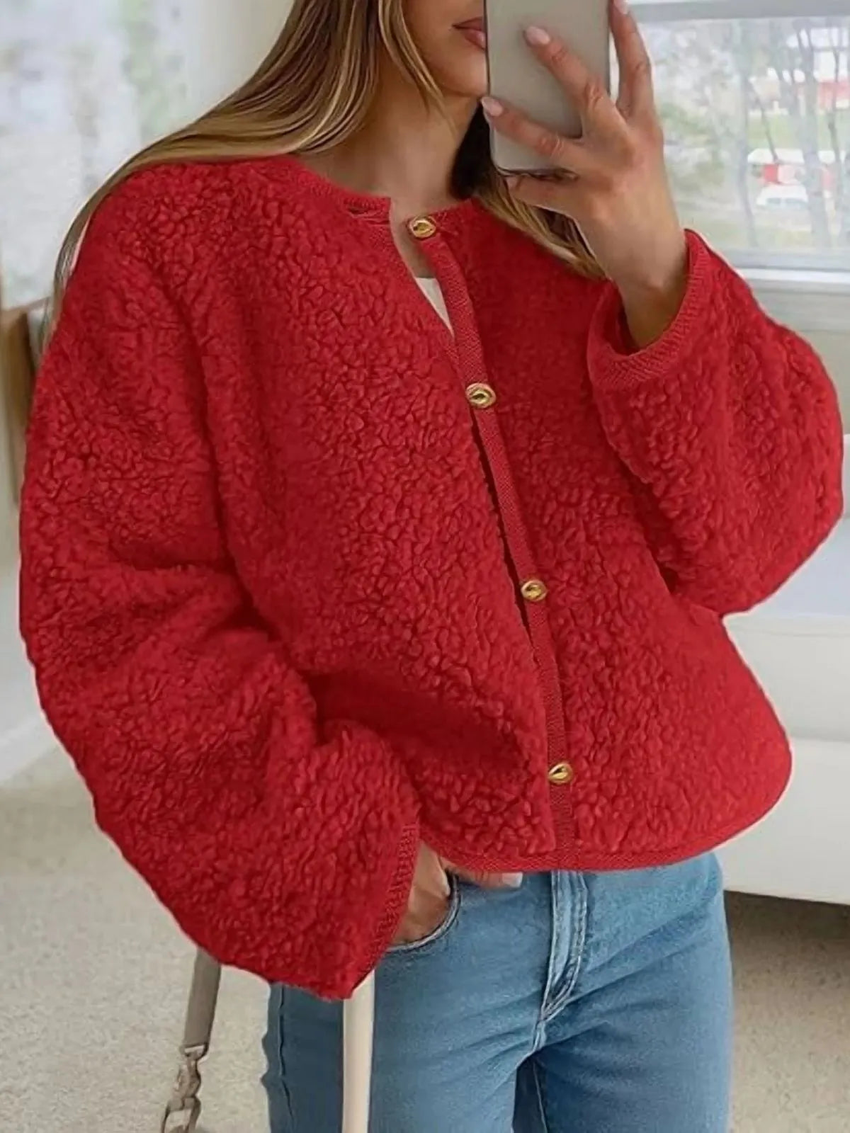 Trendy Cute Solid Button Fuzzy Fleece Teddy Bear Soft Faux Fur Coat