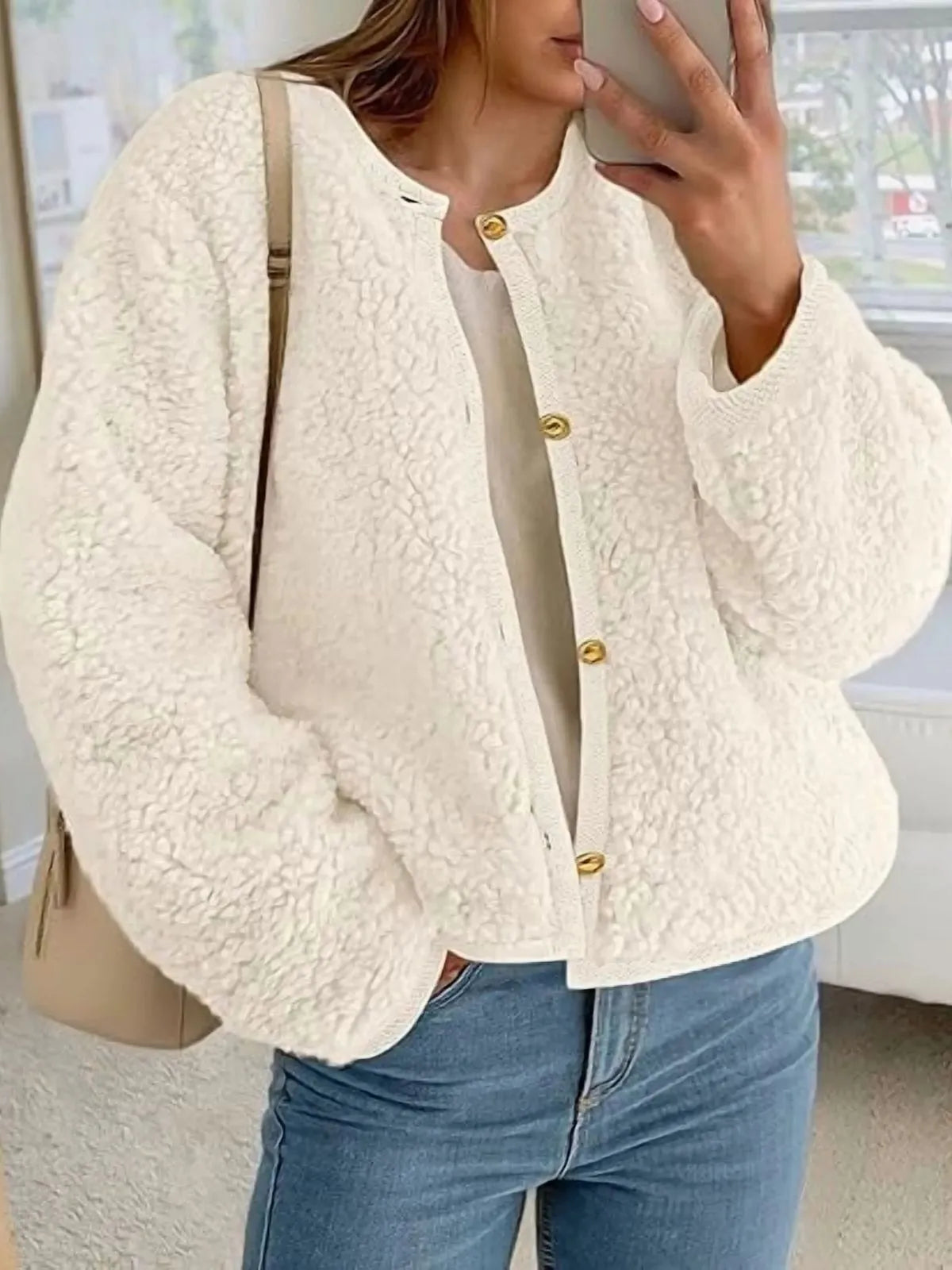 Trendy Cute Solid Button Fuzzy Fleece Teddy Bear Soft Faux Fur Coat