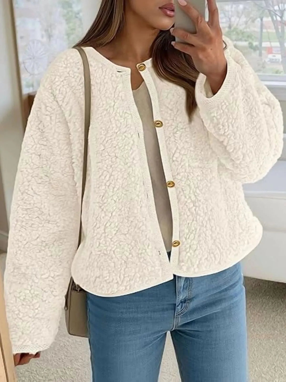 Trendy Cute Solid Button Fuzzy Fleece Teddy Bear Soft Faux Fur Coat
