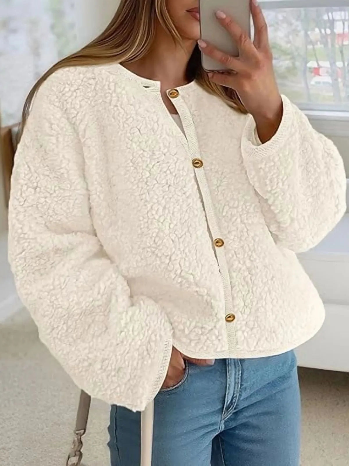 Trendy Cute Solid Button Fuzzy Fleece Teddy Bear Soft Faux Fur Coat