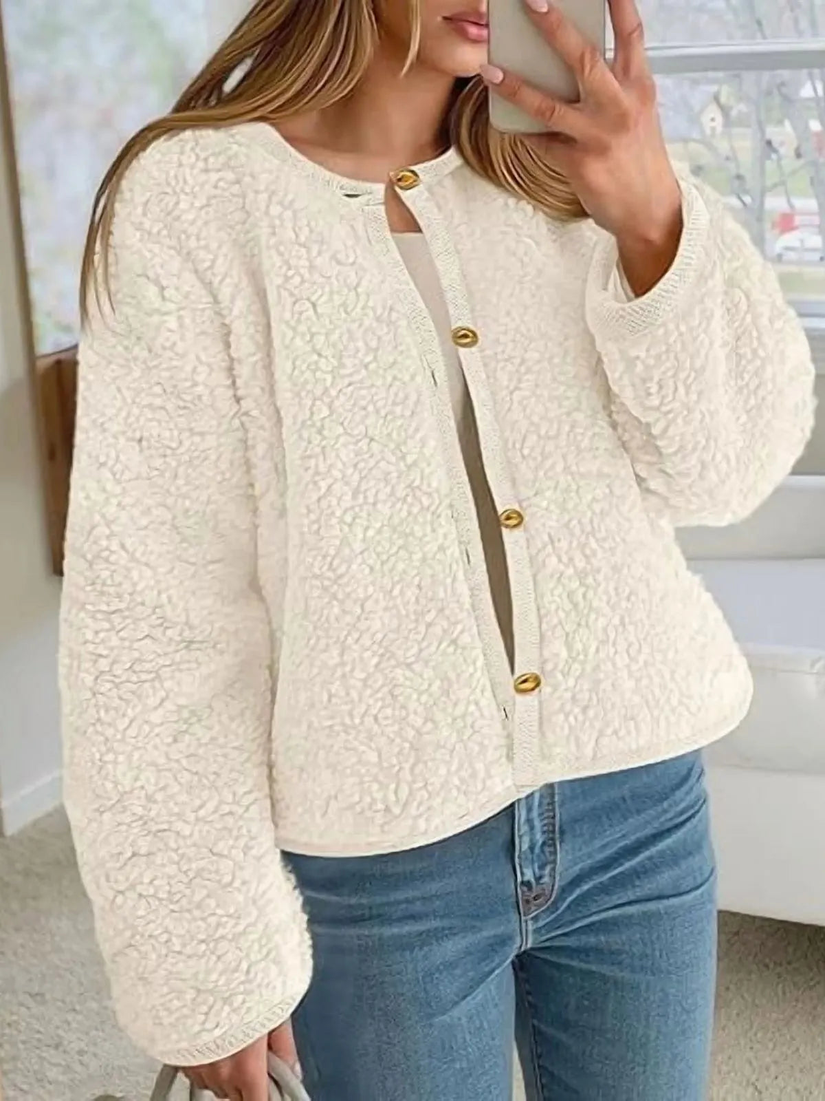 Trendy Cute Solid Button Fuzzy Fleece Teddy Bear Soft Faux Fur Coat