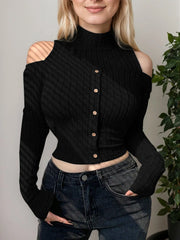 Solid Button Stand Collar Long Sleeve Blouse
