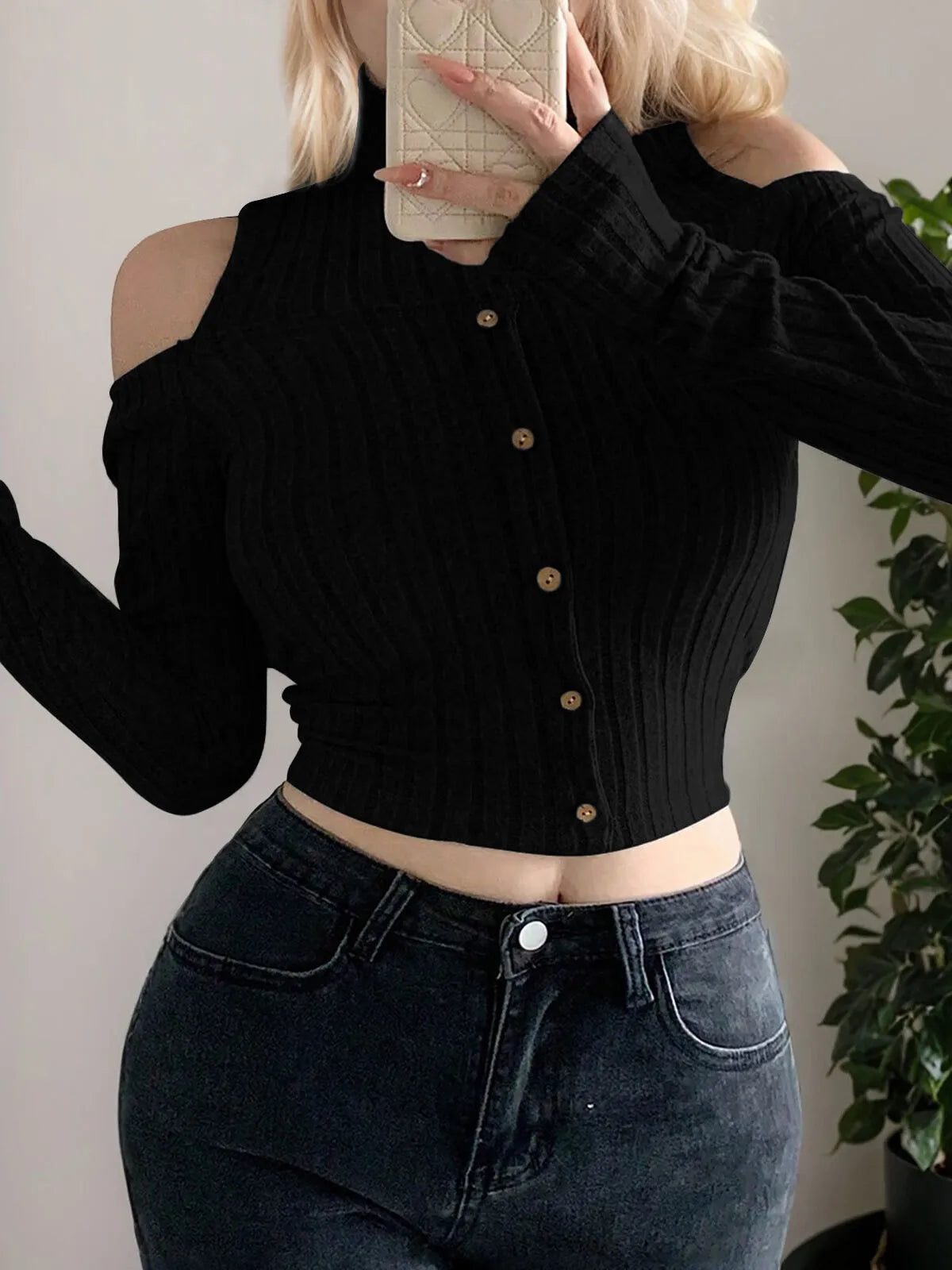 Solid Button Stand Collar Long Sleeve Blouse