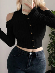 Solid Button Stand Collar Long Sleeve Blouse