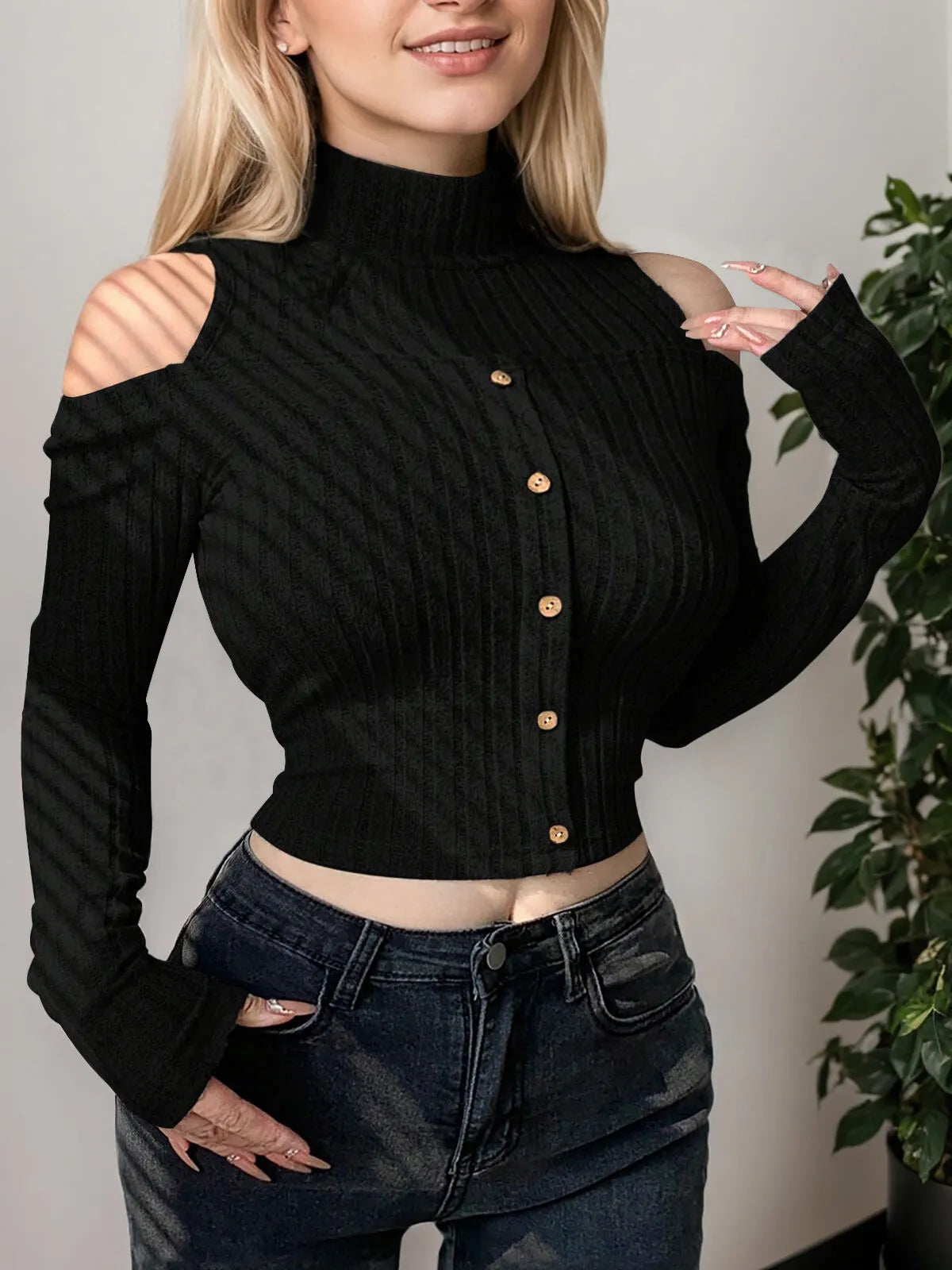 Solid Button Stand Collar Long Sleeve Blouse