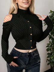 Solid Button Stand Collar Long Sleeve Blouse