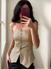 Solid Button Strapless Pu Leather Tank