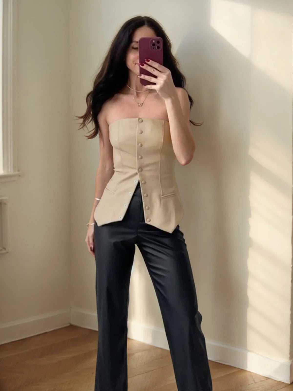 Solid Button Strapless Pu Leather Tank
