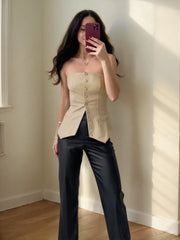 Solid Button Strapless Pu Leather Tank