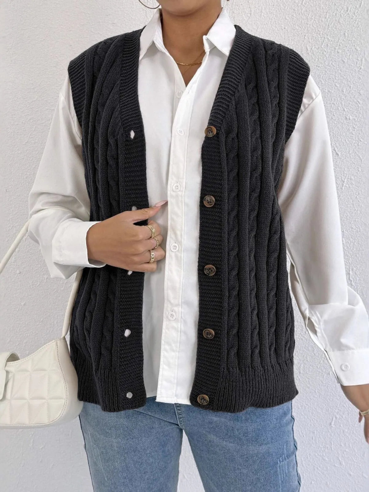 Solid Button V-neck Plain Fashion Twist All-match Vest