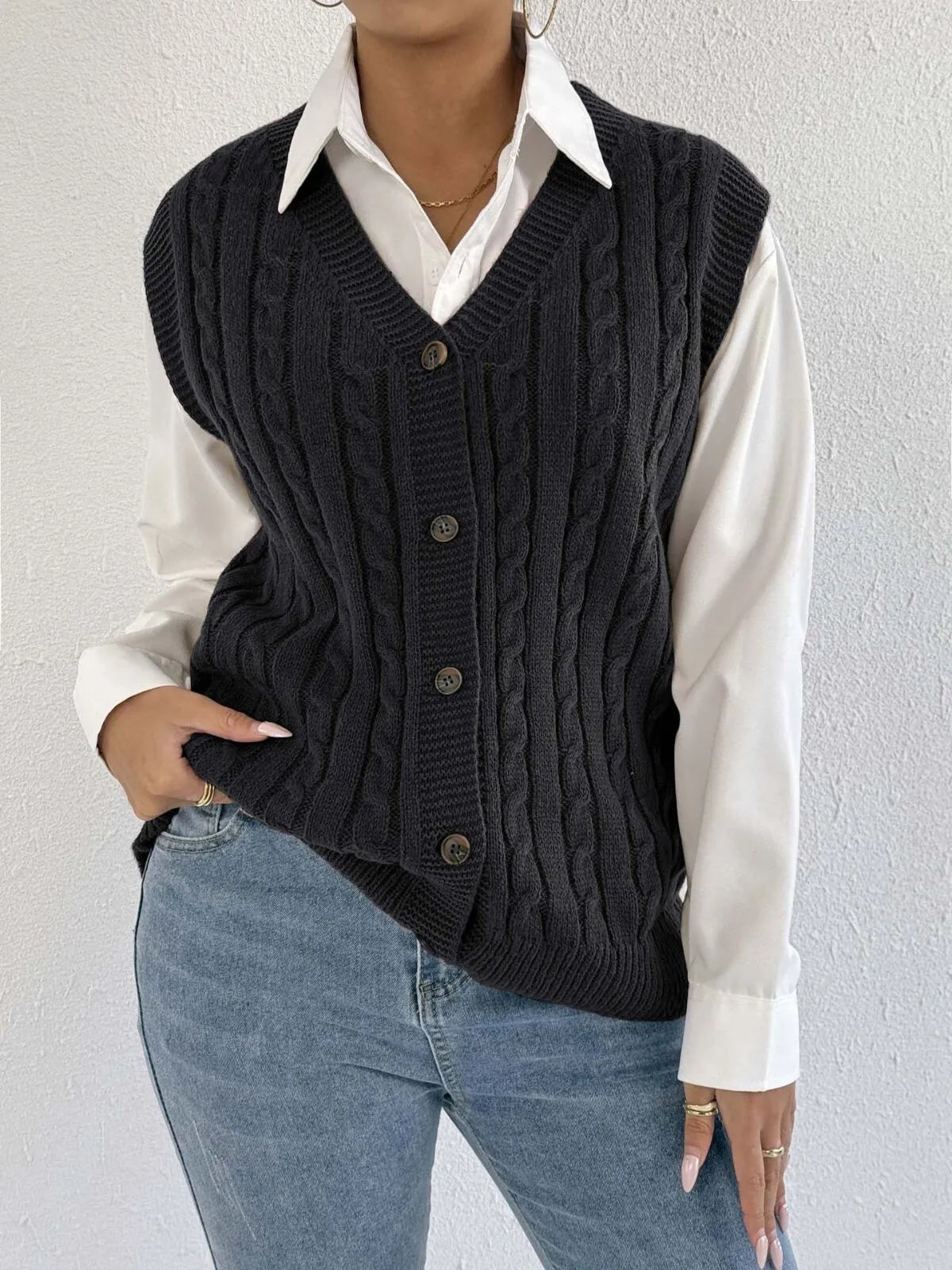 Solid Button V-neck Plain Fashion Twist All-match Vest