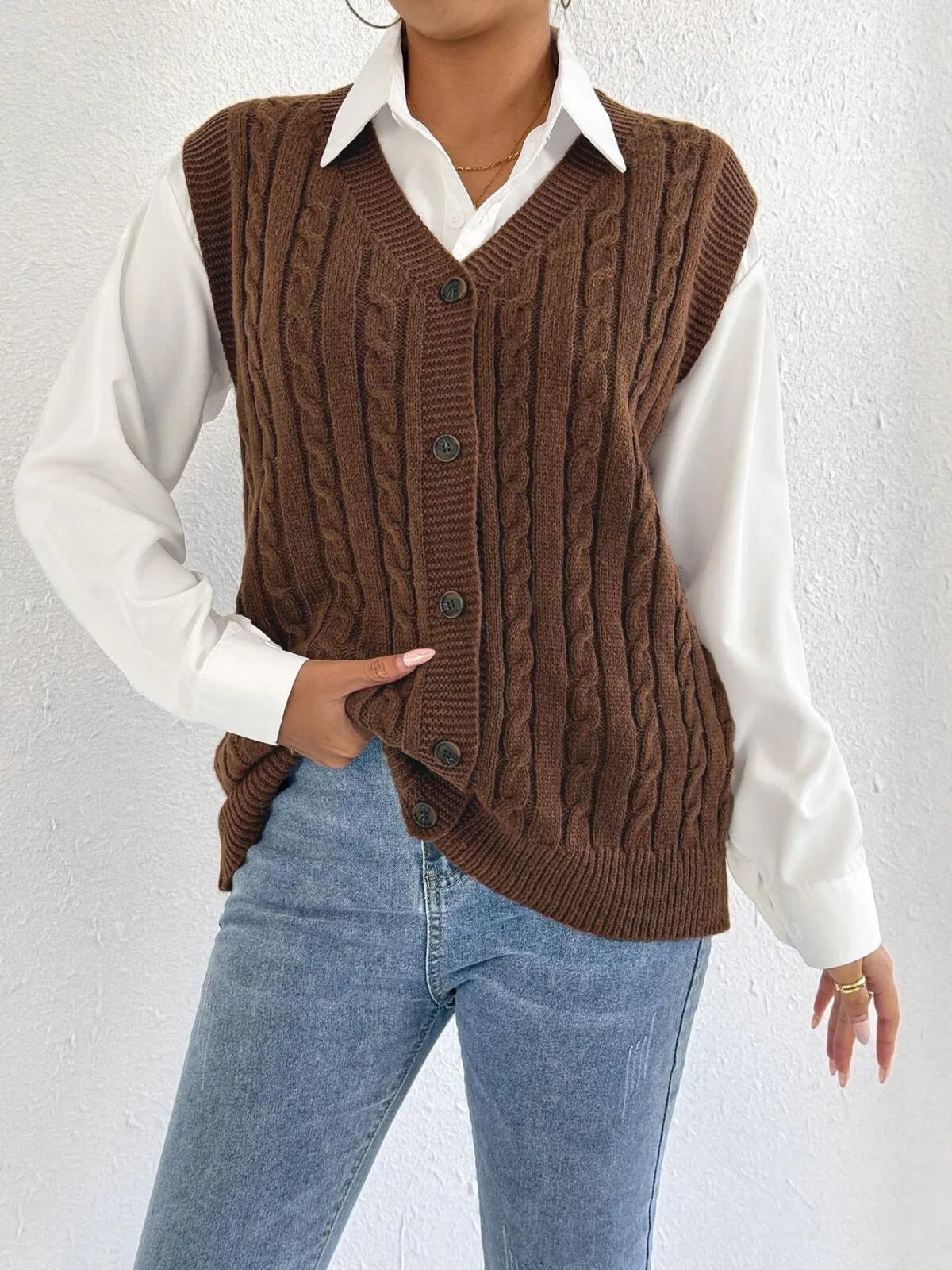 Solid Button V-neck Plain Fashion Twist All-match Vest