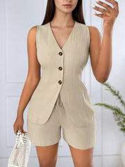 Office Chic Cool Touch V-neck Button Cami & Solid Shorts Set