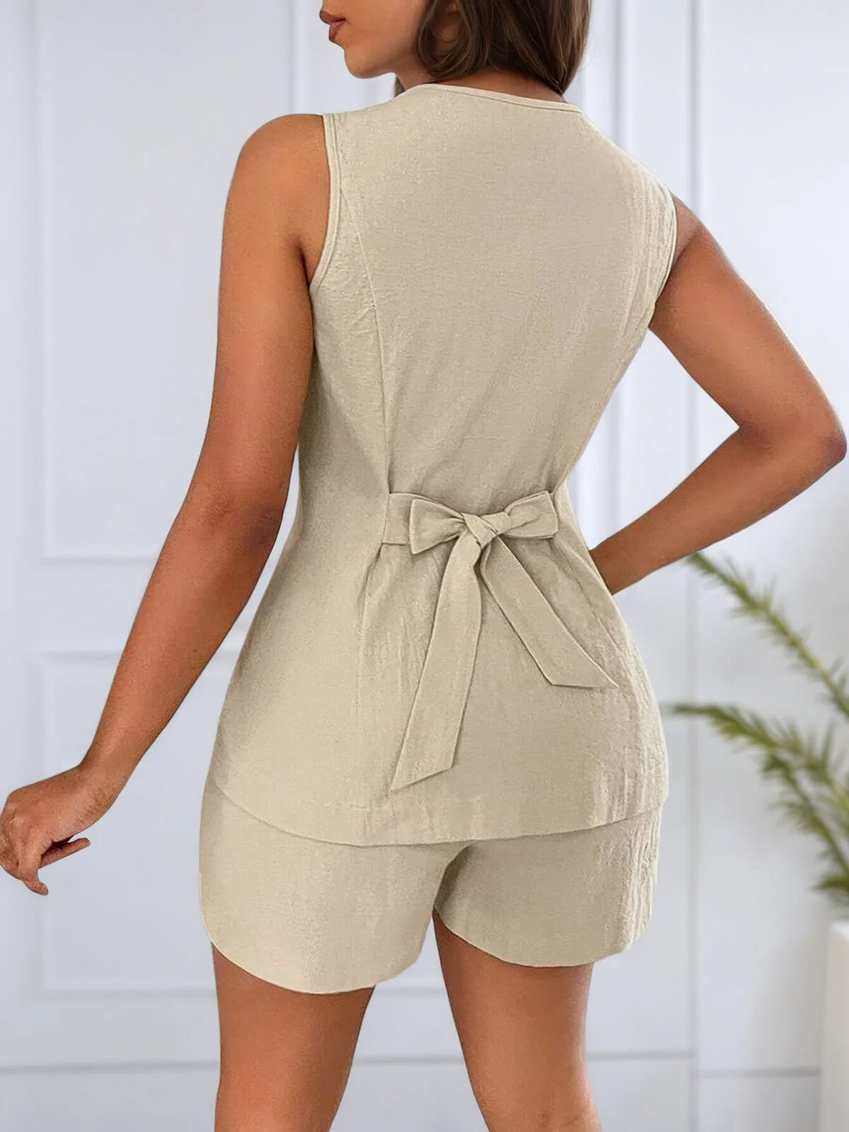 Office Chic Cool Touch V-neck Button Cami & Solid Shorts Set