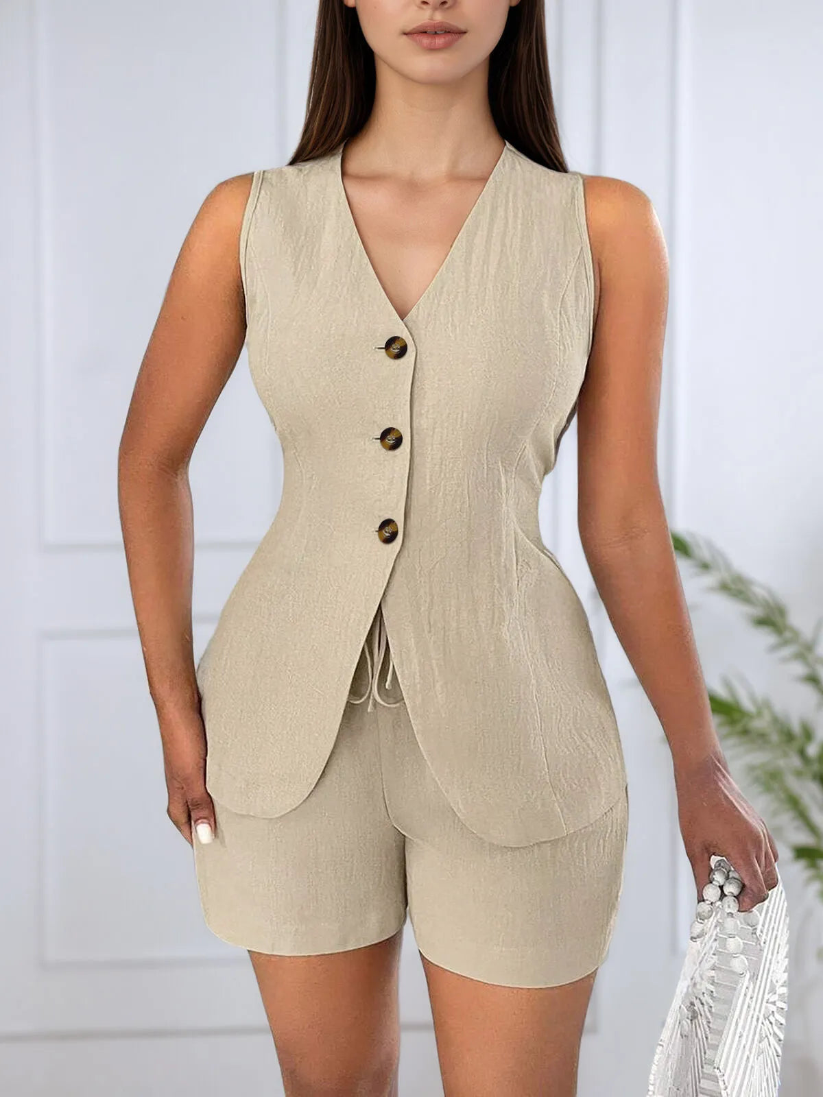 Office Chic Cool Touch V-neck Button Cami & Solid Shorts Set