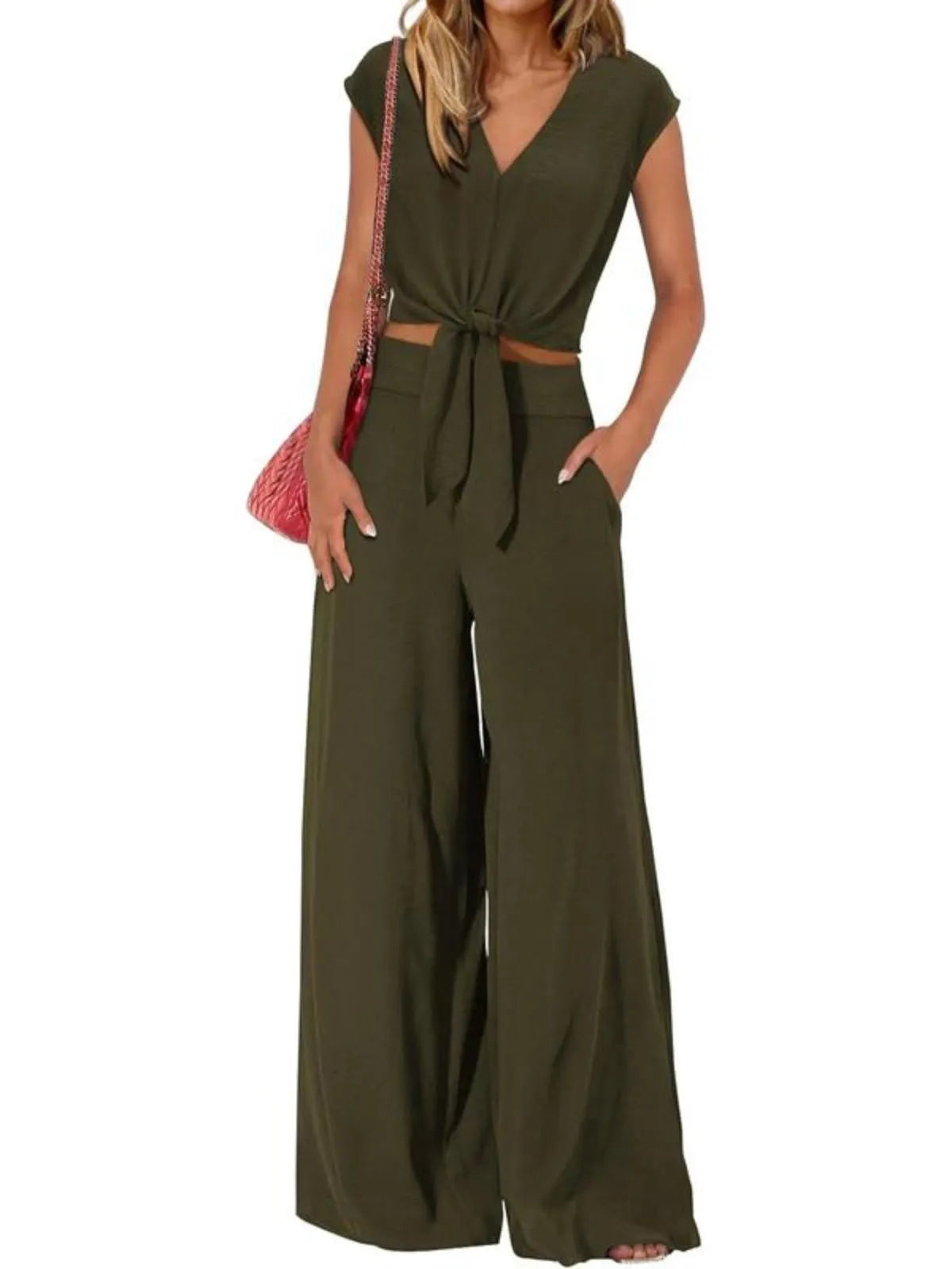 Solid Casual Cap Sleeve Belted V-neck Lace-up Crop Blouse & Solid Wide Leg Pants