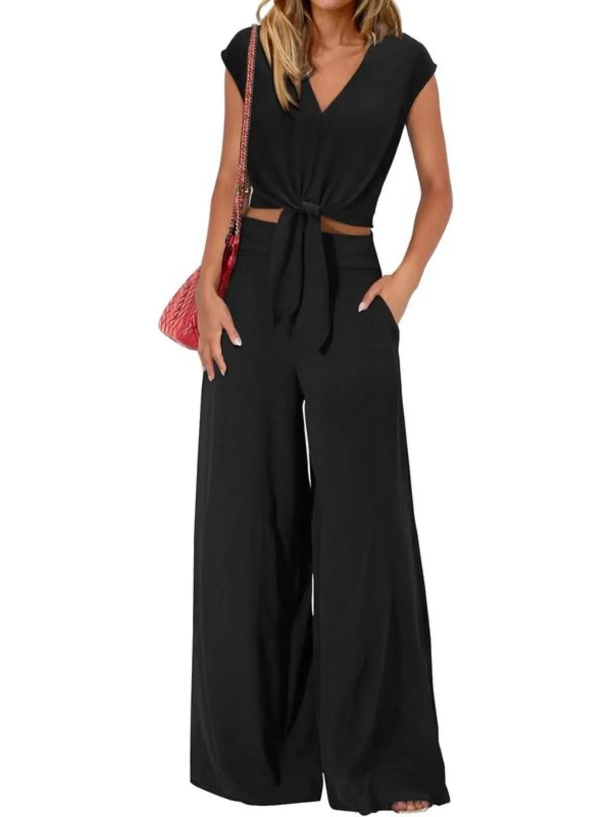 Solid Casual Cap Sleeve Belted V-neck Lace-up Crop Blouse & Solid Wide Leg Pants