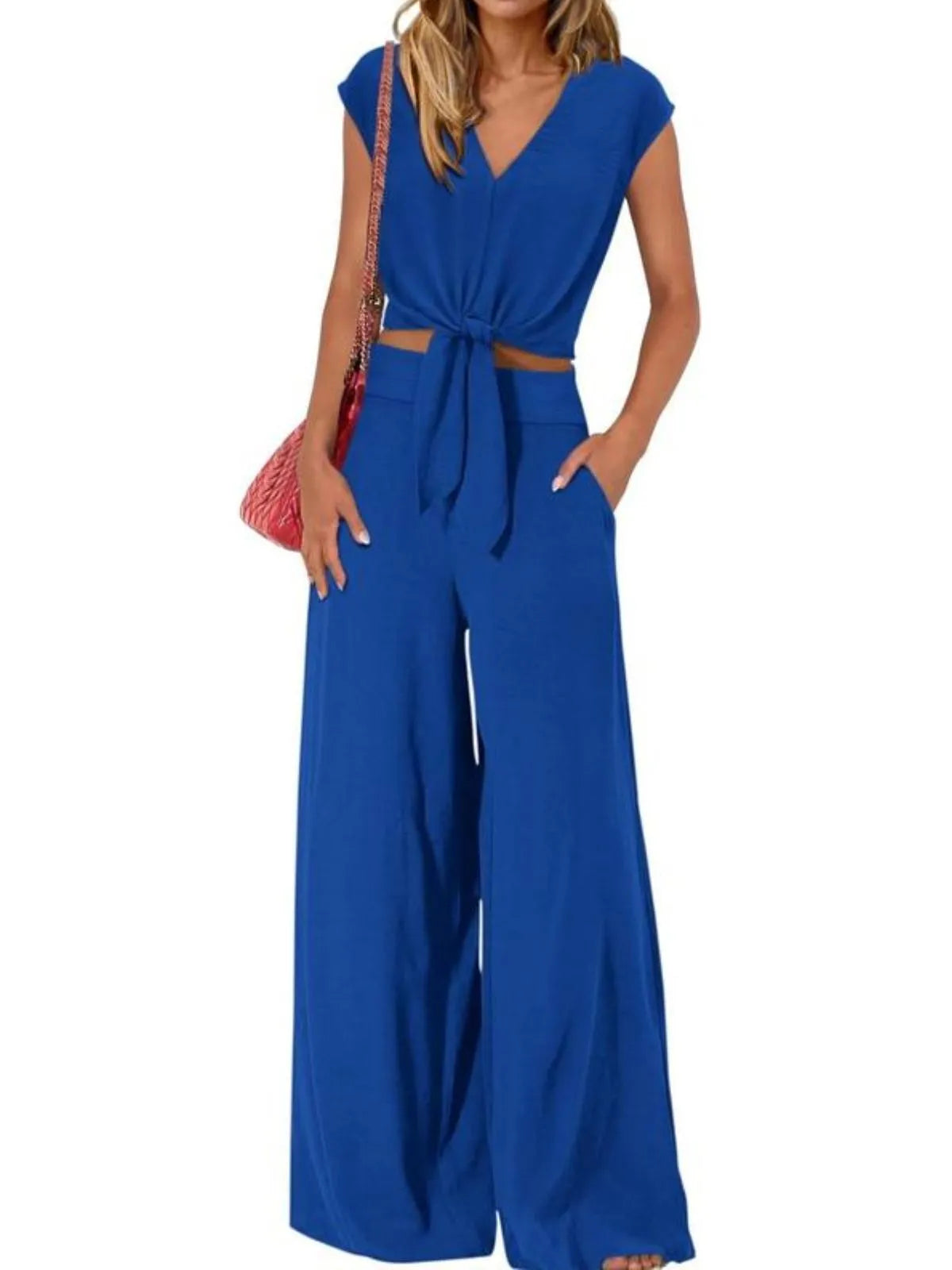 Solid Casual Cap Sleeve Belted V-neck Lace-up Crop Blouse & Solid Wide Leg Pants
