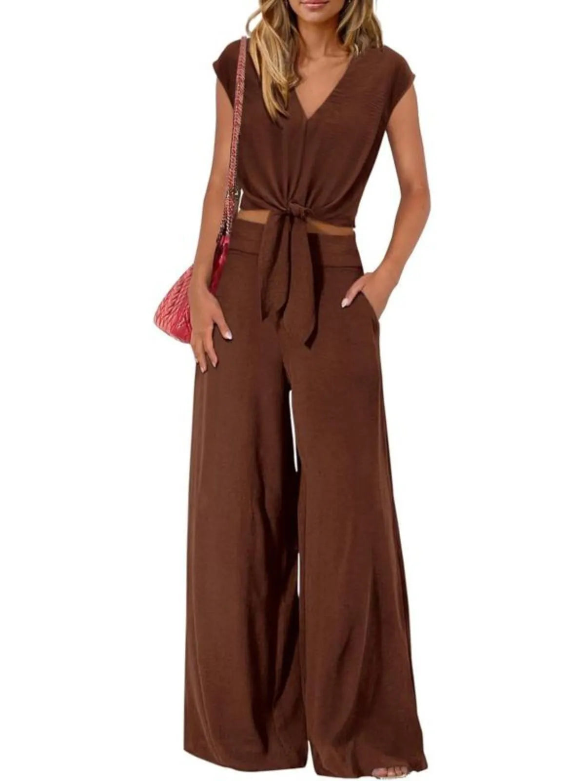 Solid Casual Cap Sleeve Belted V-neck Lace-up Crop Blouse & Solid Wide Leg Pants