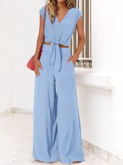 Solid Casual Cap Sleeve Belted V-neck Lace-up Crop Blouse & Solid Wide Leg Pants