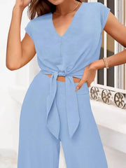 Solid Casual Cap Sleeve Belted V-neck Lace-up Crop Blouse & Solid Wide Leg Pants