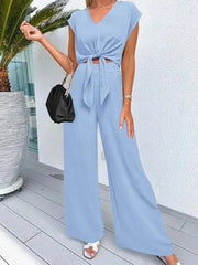 Solid Casual Cap Sleeve Belted V-neck Lace-up Crop Blouse & Solid Wide Leg Pants