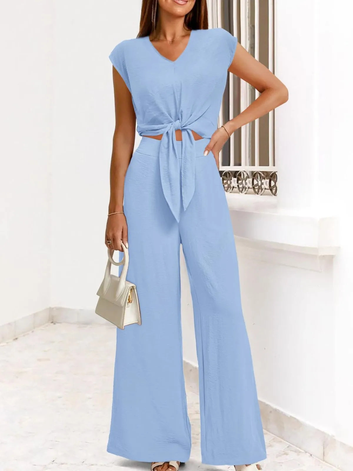 Solid Casual Cap Sleeve Belted V-neck Lace-up Crop Blouse & Solid Wide Leg Pants