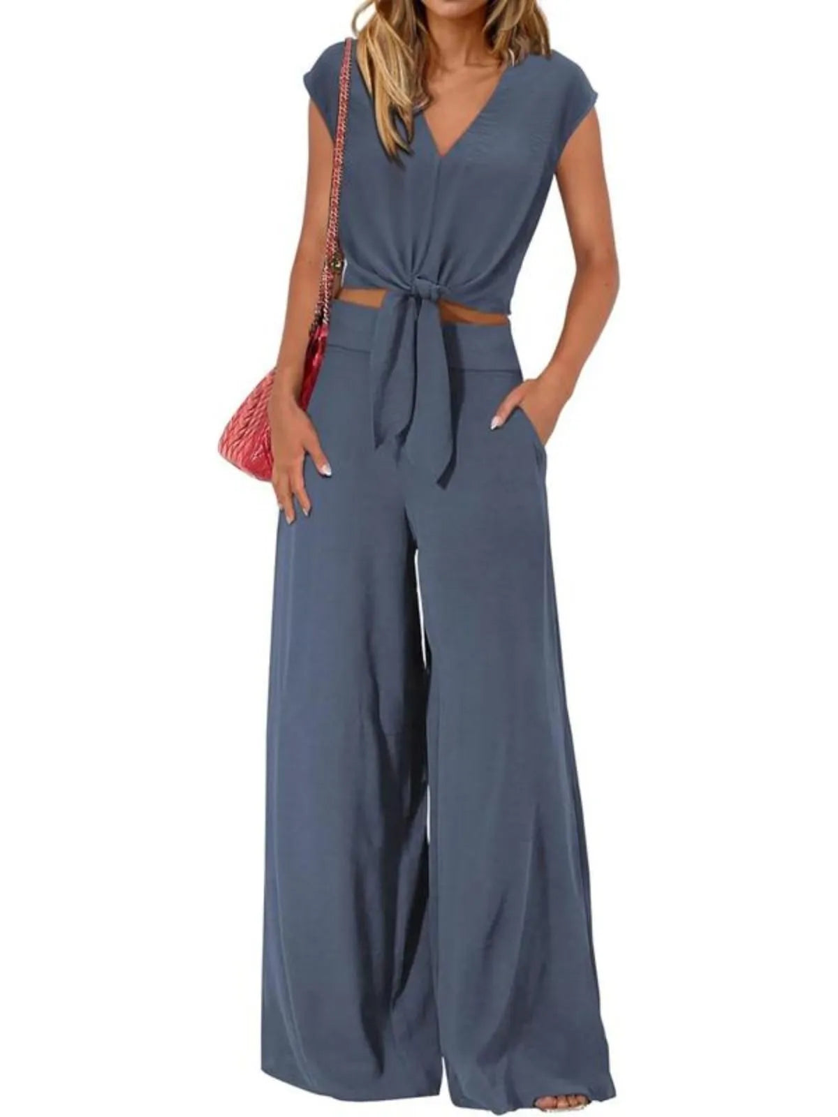 Solid Casual Cap Sleeve Belted V-neck Lace-up Crop Blouse & Solid Wide Leg Pants