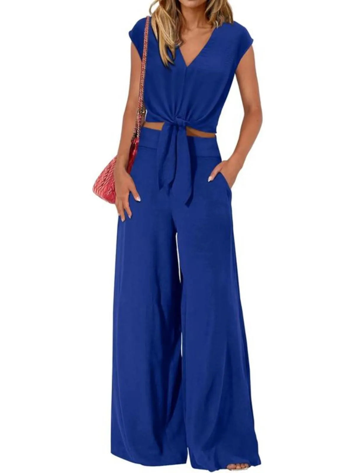 Solid Casual Cap Sleeve Belted V-neck Lace-up Crop Blouse & Solid Wide Leg Pants