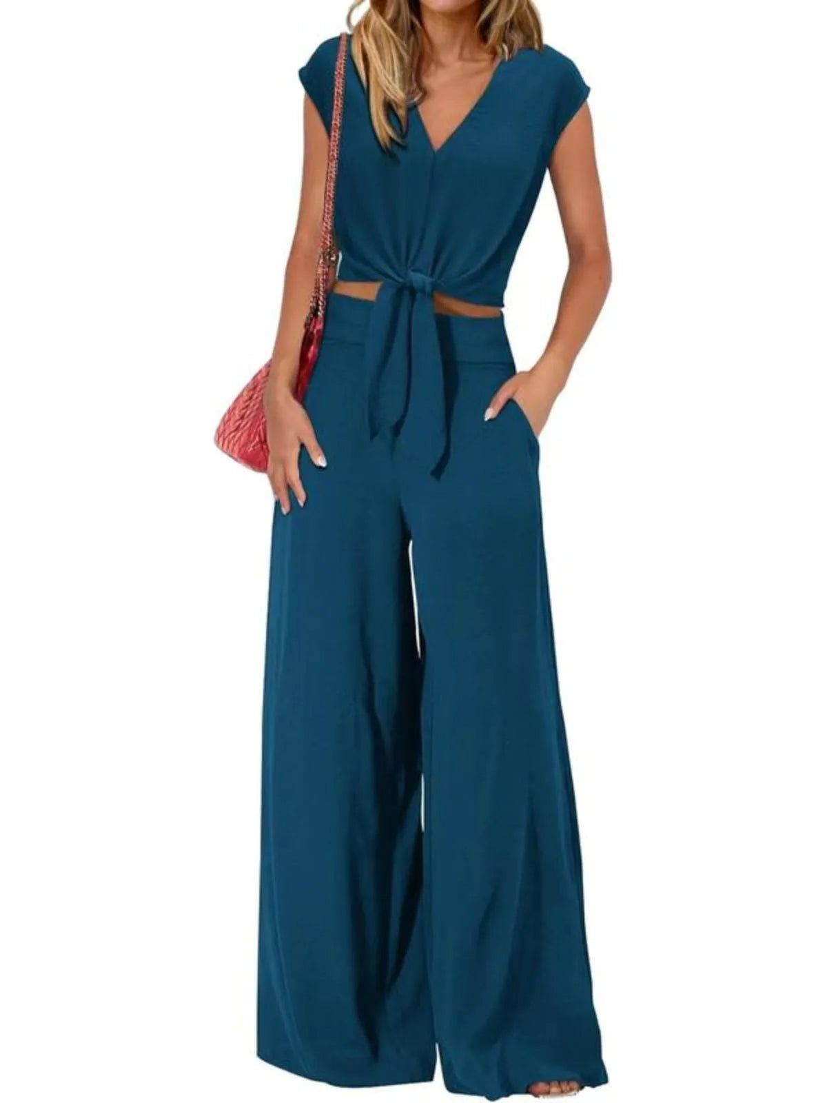 Solid Casual Cap Sleeve Belted V-neck Lace-up Crop Blouse & Solid Wide Leg Pants