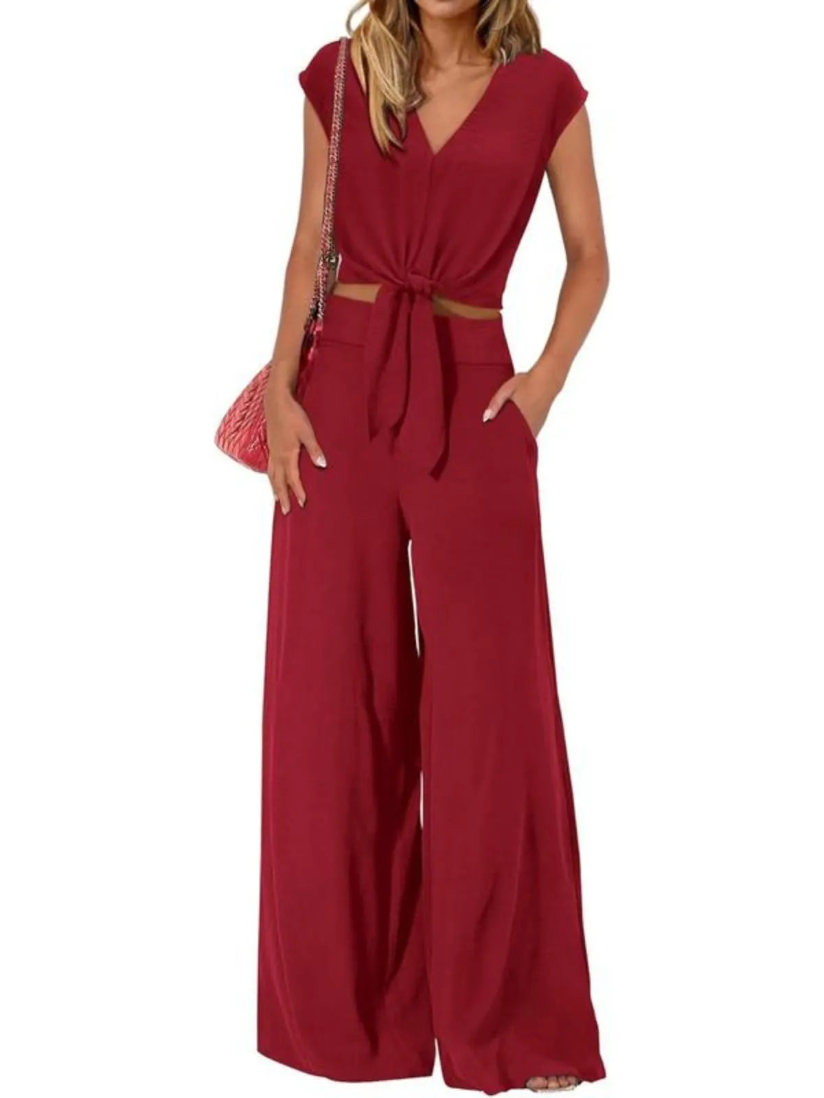 Solid Casual Cap Sleeve Belted V-neck Lace-up Crop Blouse & Solid Wide Leg Pants