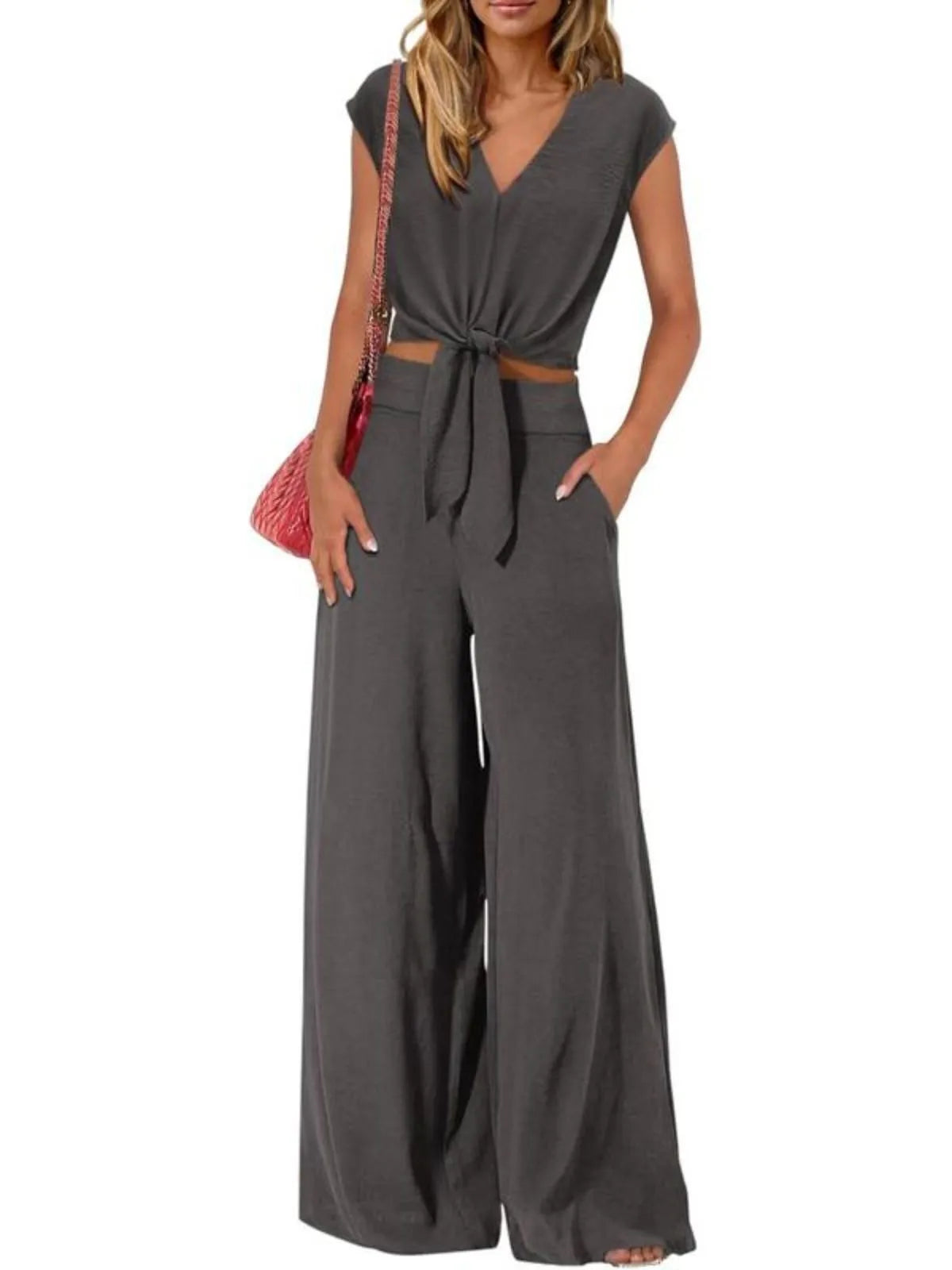 Solid Casual Cap Sleeve Belted V-neck Lace-up Crop Blouse & Solid Wide Leg Pants