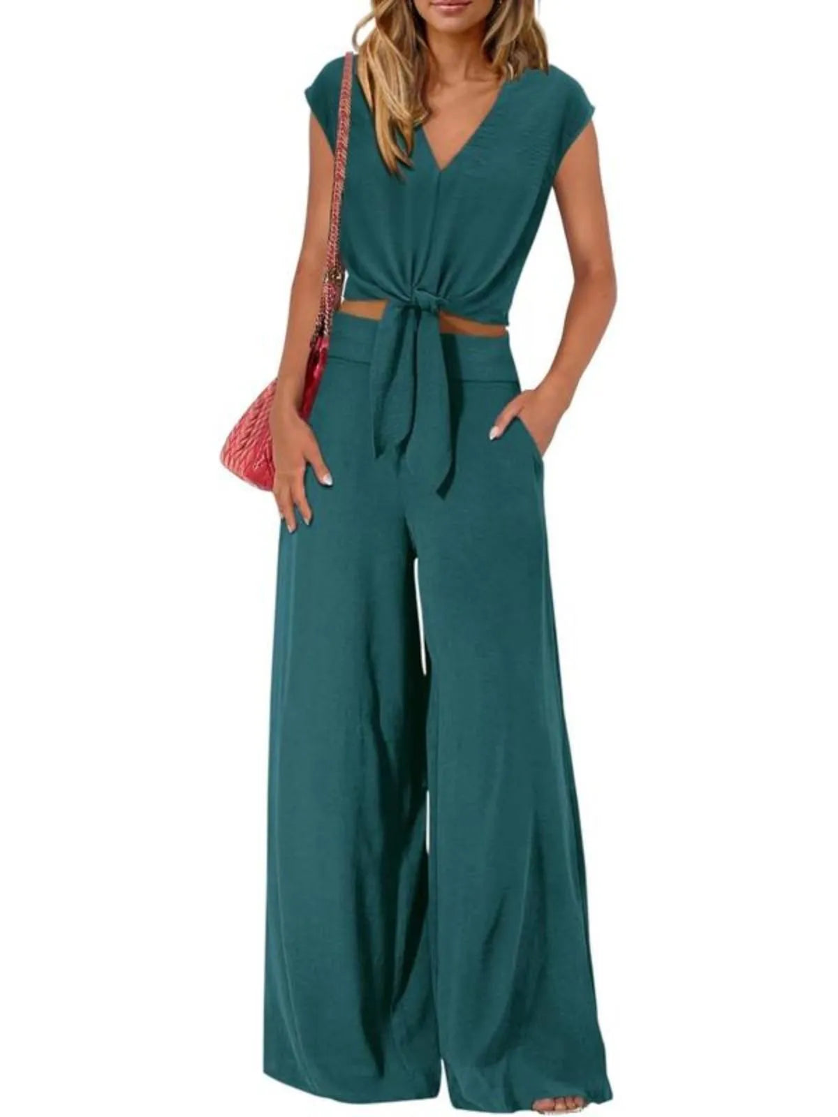 Solid Casual Cap Sleeve Belted V-neck Lace-up Crop Blouse & Solid Wide Leg Pants