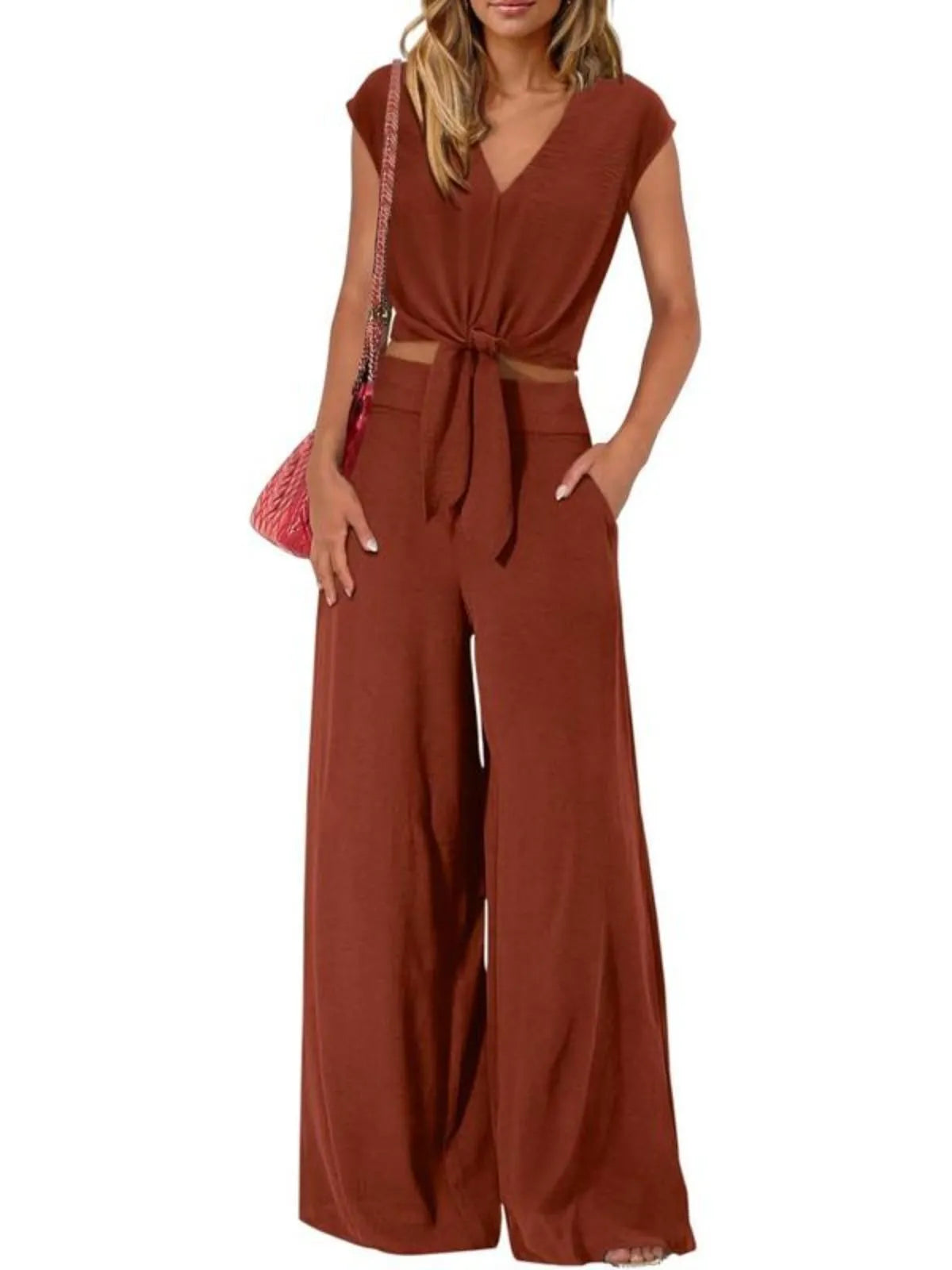 Solid Casual Cap Sleeve Belted V-neck Lace-up Crop Blouse & Solid Wide Leg Pants