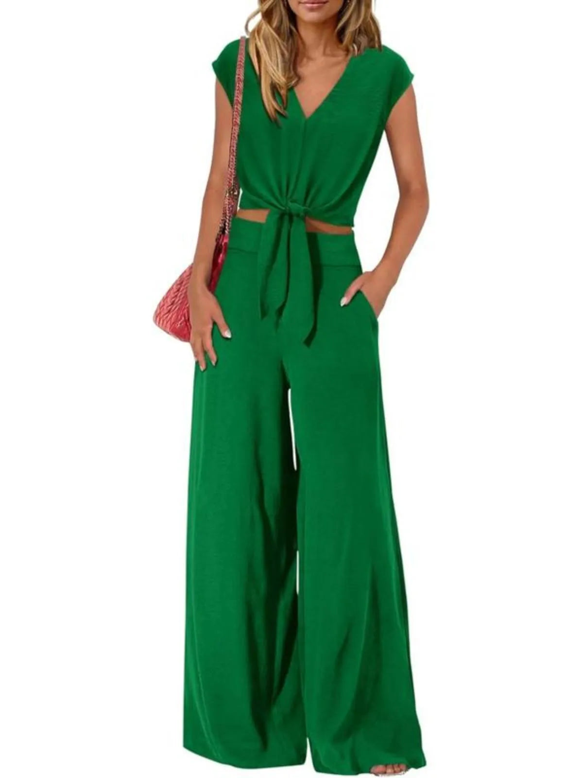 Solid Casual Cap Sleeve Belted V-neck Lace-up Crop Blouse & Solid Wide Leg Pants