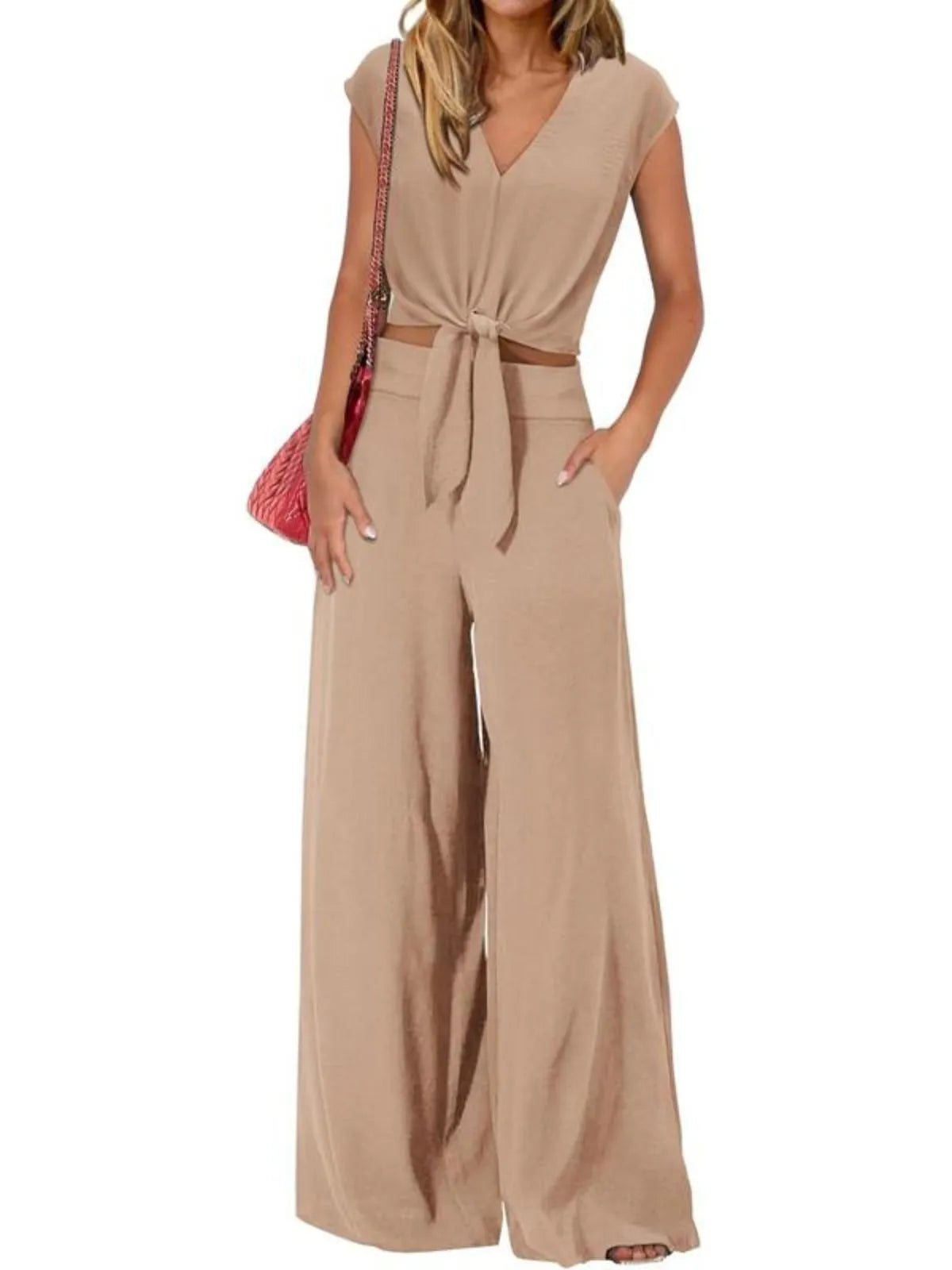 Solid Casual Cap Sleeve Belted V-neck Lace-up Crop Blouse & Solid Wide Leg Pants