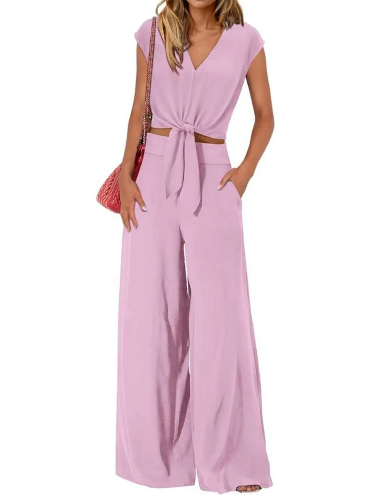 Solid Casual Cap Sleeve Belted V-neck Lace-up Crop Blouse & Solid Wide Leg Pants