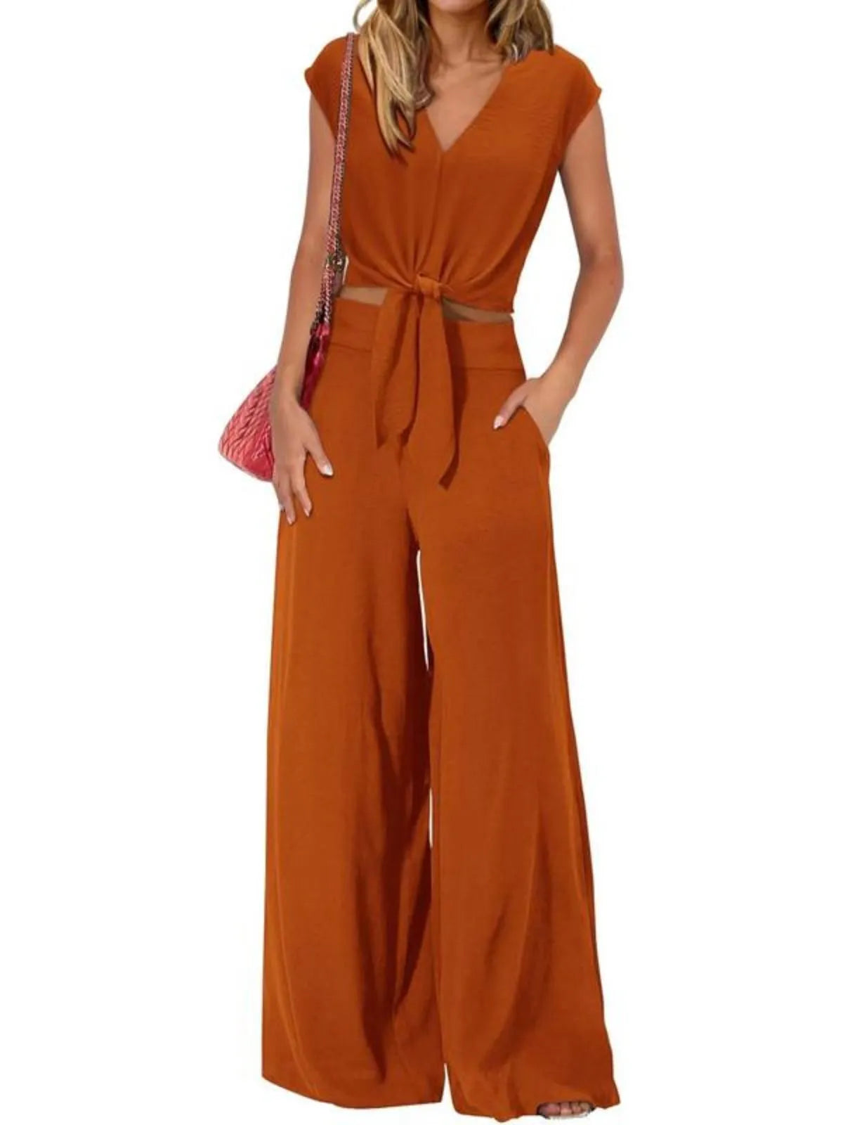 Solid Casual Cap Sleeve Belted V-neck Lace-up Crop Blouse & Solid Wide Leg Pants