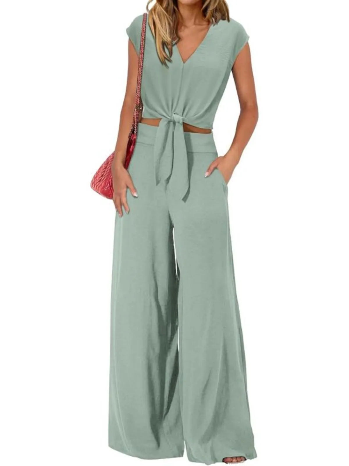 Solid Casual Cap Sleeve Belted V-neck Lace-up Crop Blouse & Solid Wide Leg Pants