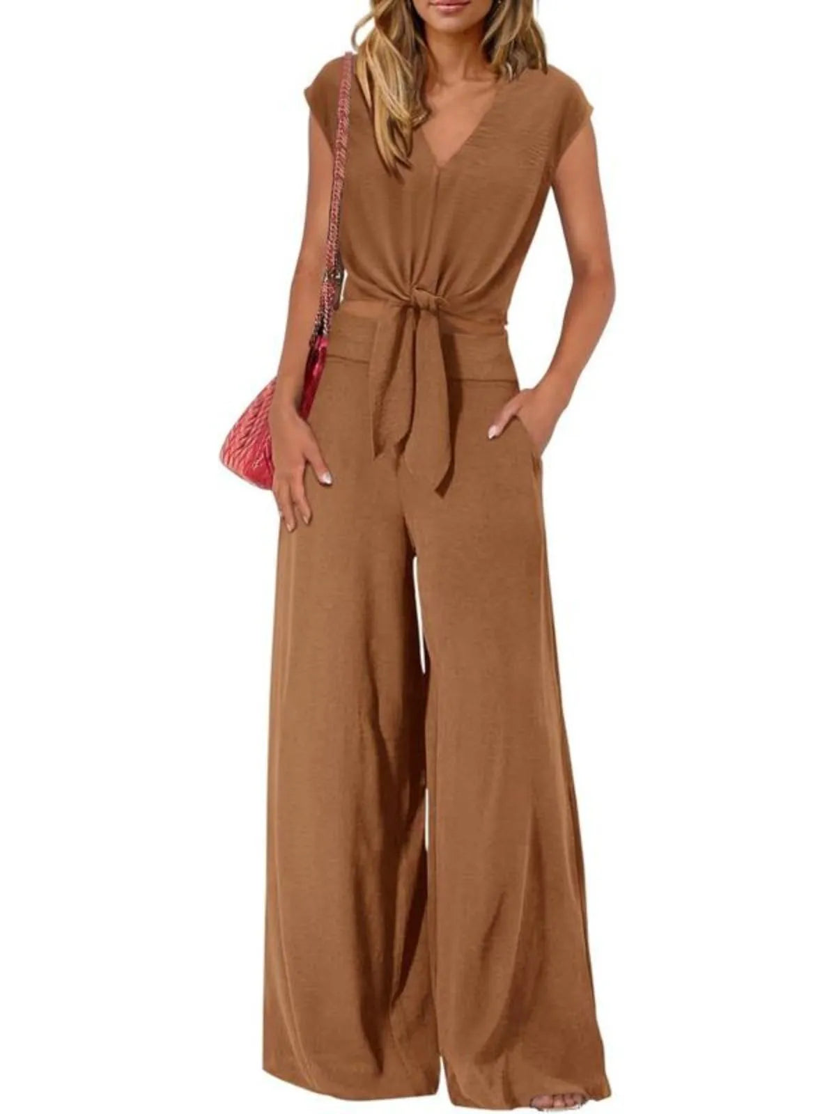 Solid Cap V-neck Lace-up Blouse & Solid Palazzo Pants