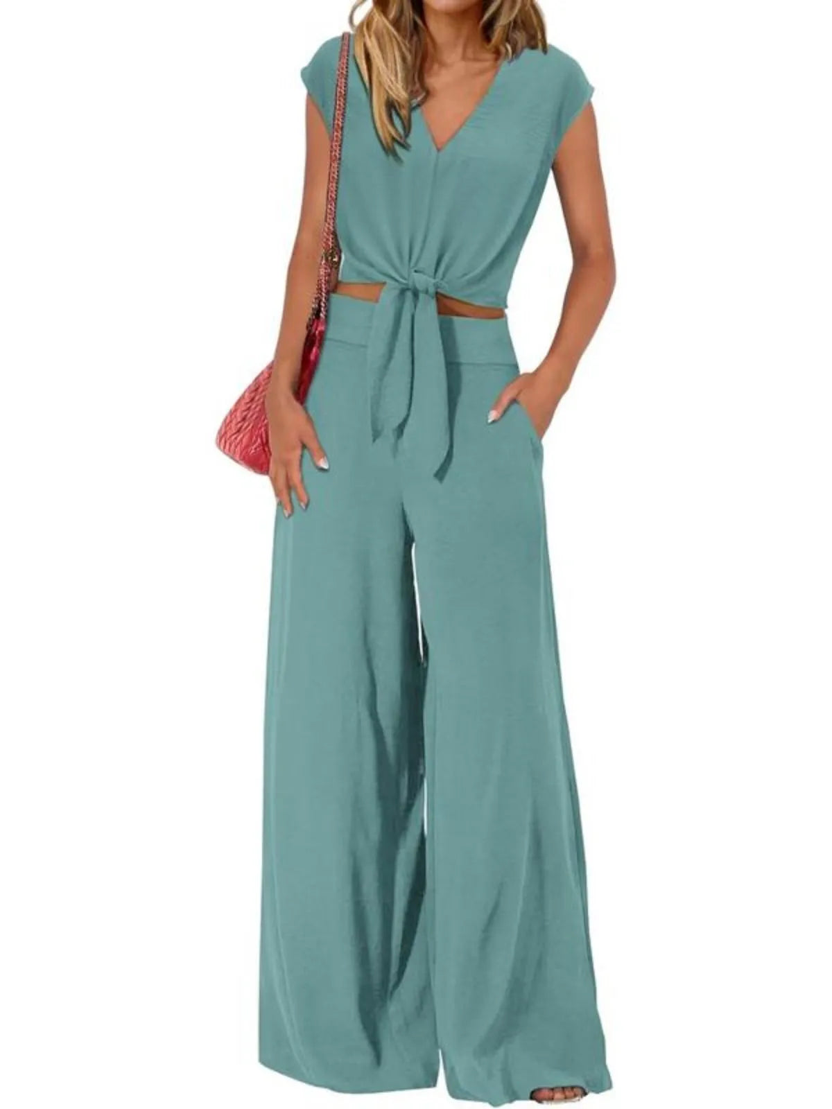 Solid Cap V-neck Lace-up Blouse & Solid Palazzo Pants