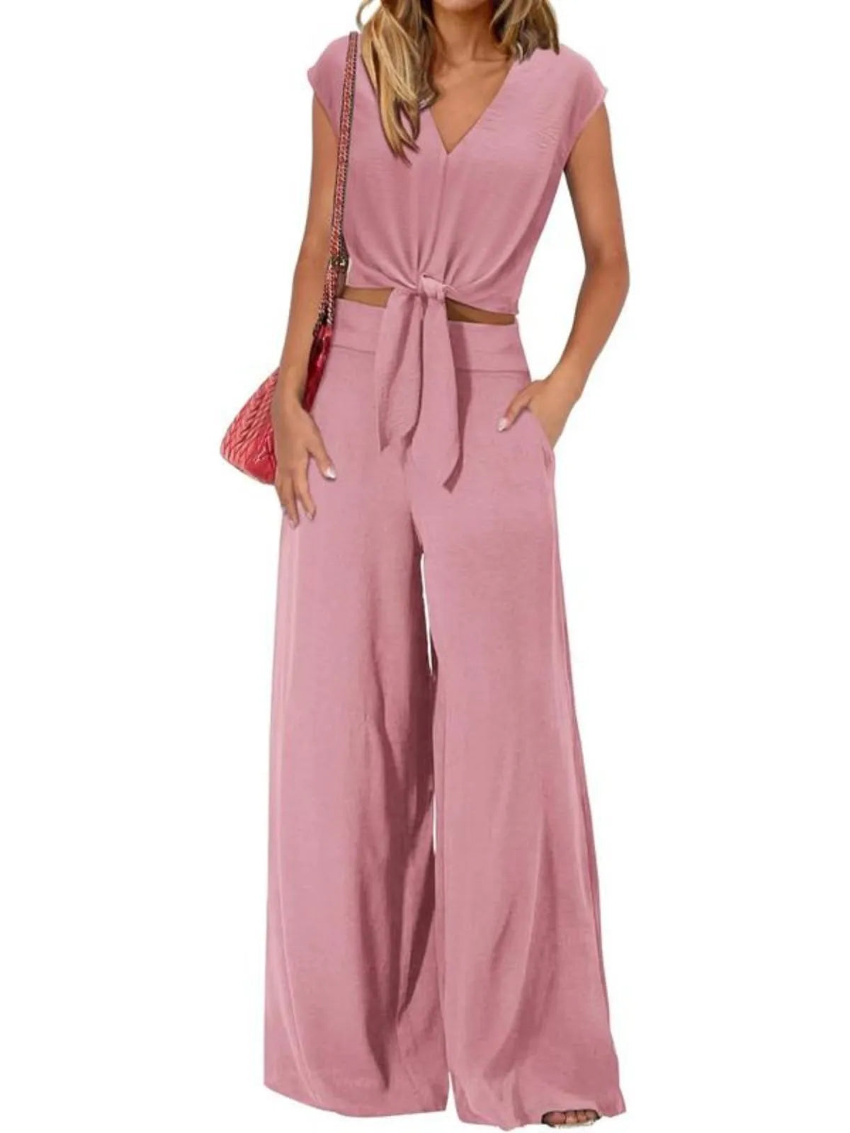 Solid Cap V-neck Lace-up Blouse & Solid Palazzo Pants