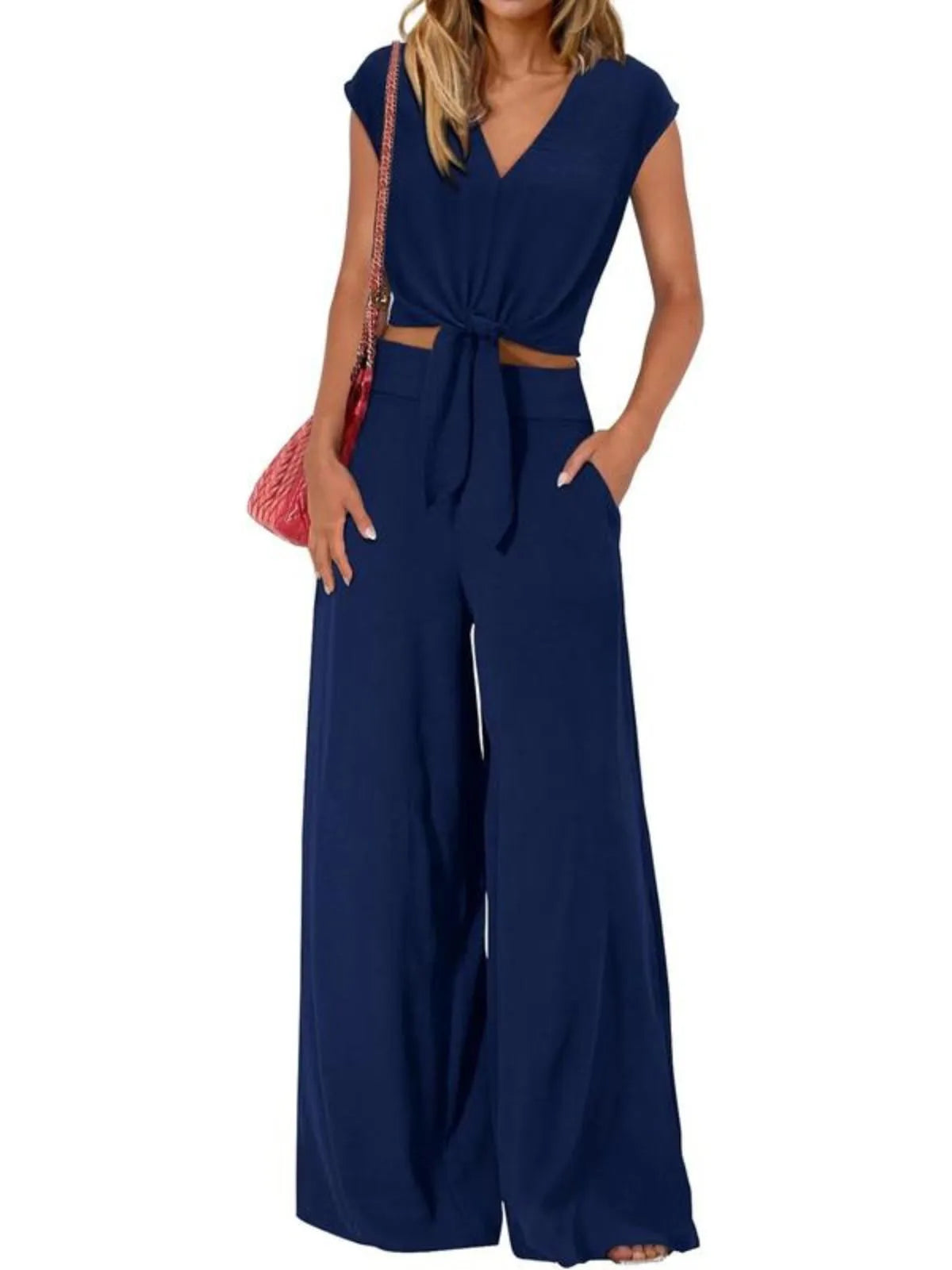 Solid Cap V-neck Lace-up Blouse & Solid Palazzo Pants