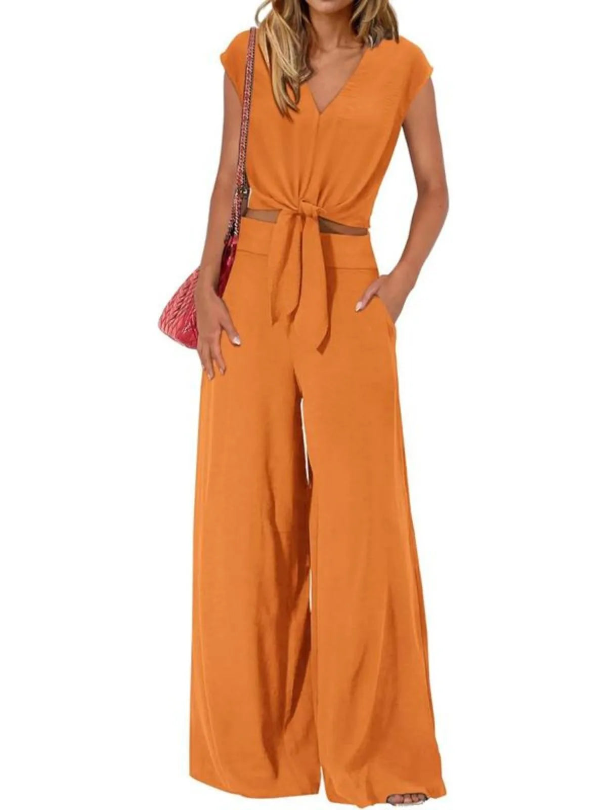 Solid Cap V-neck Lace-up Blouse & Solid Palazzo Pants